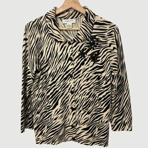 Judith Hart Petites Silk Blend Zebra Print Cardigan Size M Collar Flowers
